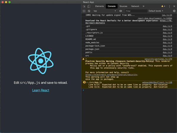 Screenshot of running Electron app using the fs Node.js module to list files and folders in the current directory